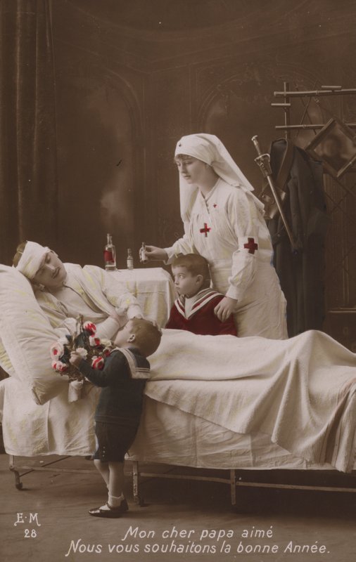 Děti přejí šťastný nový rok svému zraněnému otci, WW1 od French Photographer