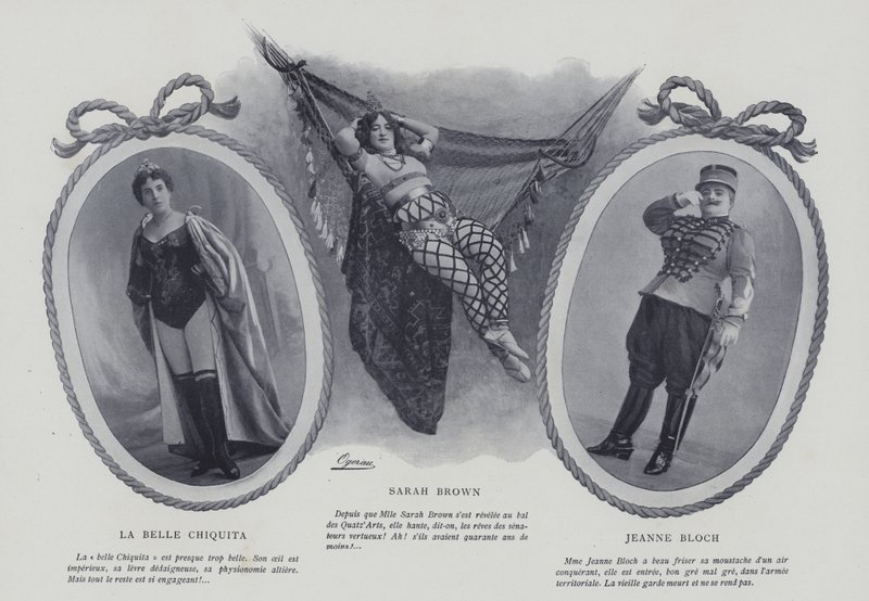 Francouzské herečky a zpěvačky La Belle Chiquita, Sarah Brown a Jeanne Bloch (č/b foto) od French Photographer