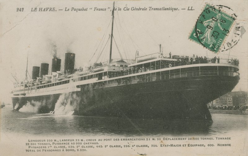 Zaoceánský parník Francie, Le Havre. Pohlednice odeslána v roce 1913. od French Photographer