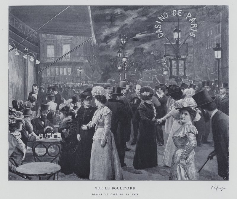 Na bulváru před Cafe de la Paix, Paříž (černobílá fotografie) od French Photographer