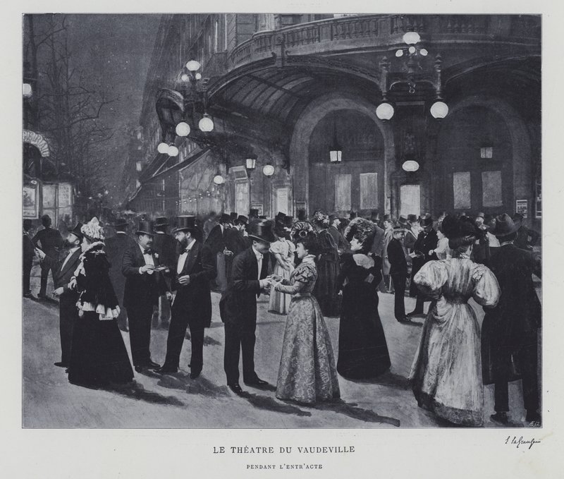 Mimo divadlo du Vaudeville, Paříž, během přestávky (černobílá fotografie) od French Photographer