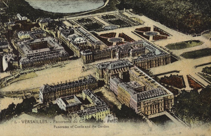 Panoramatický výhled na palác a zahrady ve Versailles (barevné foto) od French Photographer