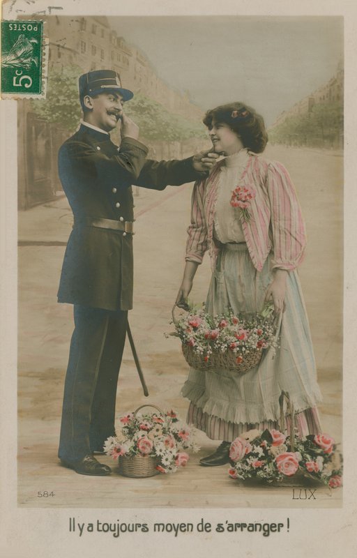 Pohlednice francouzského policisty s květinářkou, zaslaná v roce 1913 (ručně kolorovaná fotografie) od French Photographer