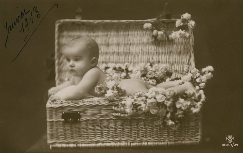 Pohlednice miminka v proutěném košíku s květinami, odeslaná v lednu 1913 od French Photographer