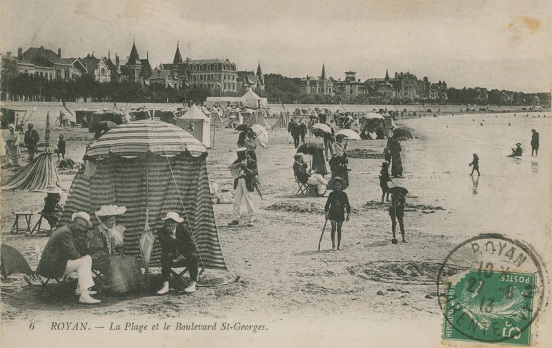 Pohlednice pláže a Boulevard St Georges, Royan, Francie odeslaná v roce 1913 od French Photographer