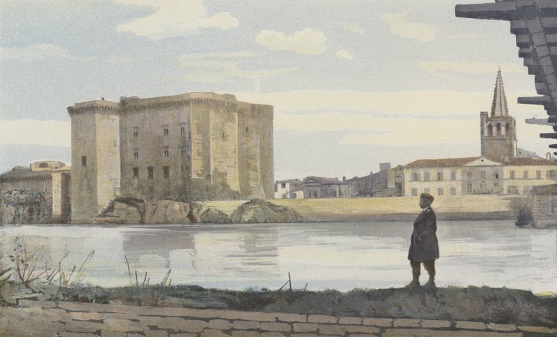 Tarascon, zámek, zvonice kostela Sainte-Marthe a visutý most přes Rhonu od French Photographer