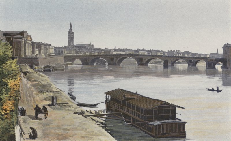 Toulouse, Pont-Neuf a Eglise N D, z Dalbade, pohled po proudu, pořízený na břehu Garonny od French Photographer