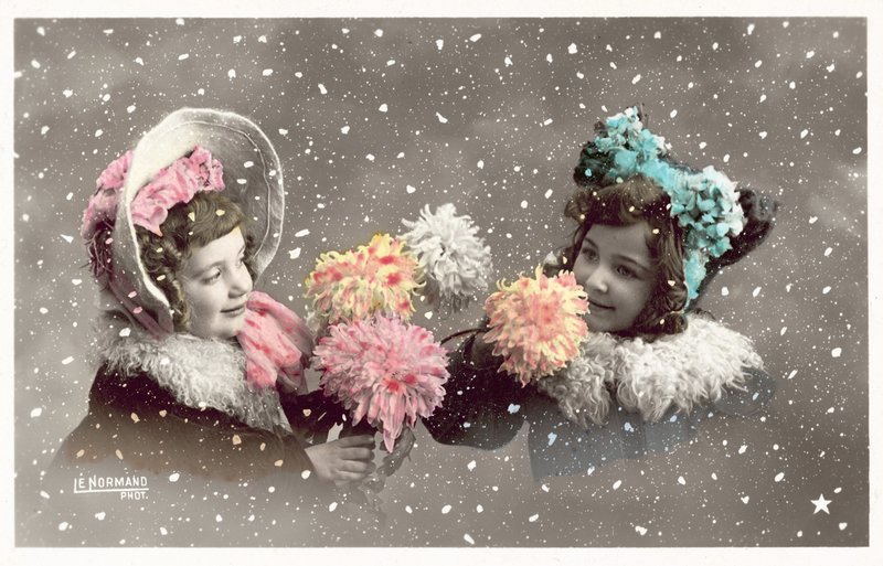 Dvě dívky drží květiny ve sněhu (barevná fotografie) od French Photographer