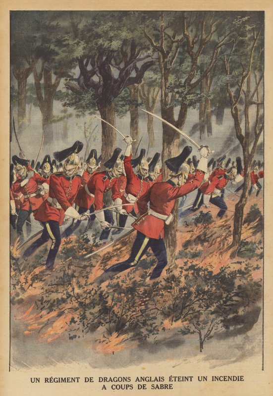 Britský regiment dragounů používajících své meče k uhašení ohně (barva litho) od French School