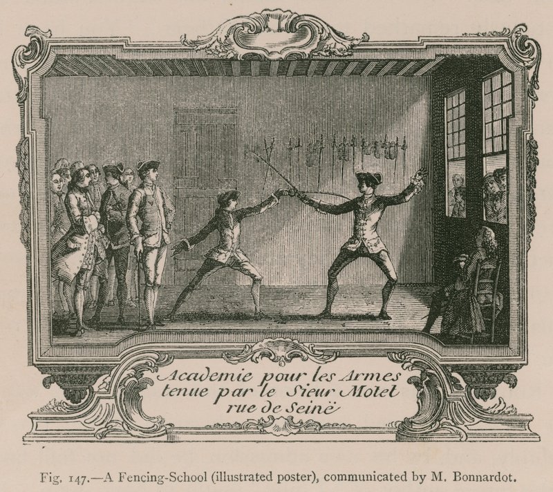Škola šermu (Ilustrovaný plakát), komunikoval M. Bonnardot od French School