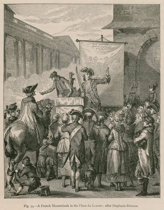 Francouzský Mountebank na Place du Louvre; po Duplessis-Bertaux od French School