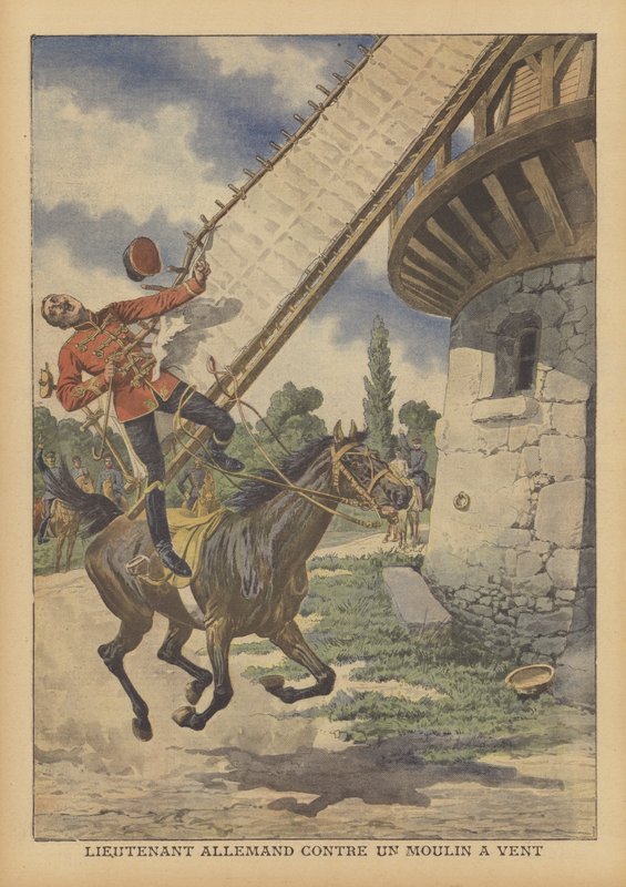 Německý poručík kavalérie zabit poté, co byl zvednut z koně plachtou větrného mlýna (barva litho) od French School