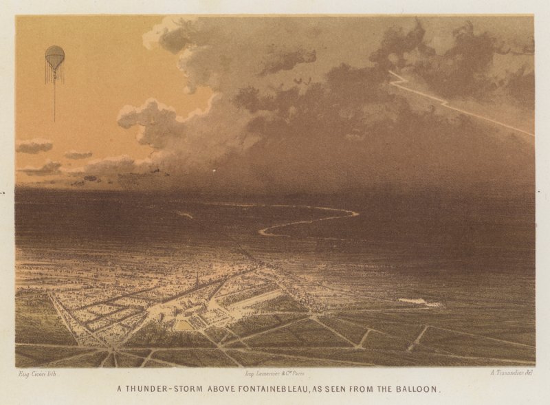 Bouřka nad Fontainebleau při pohledu z balonu (barevná litografie) od French School