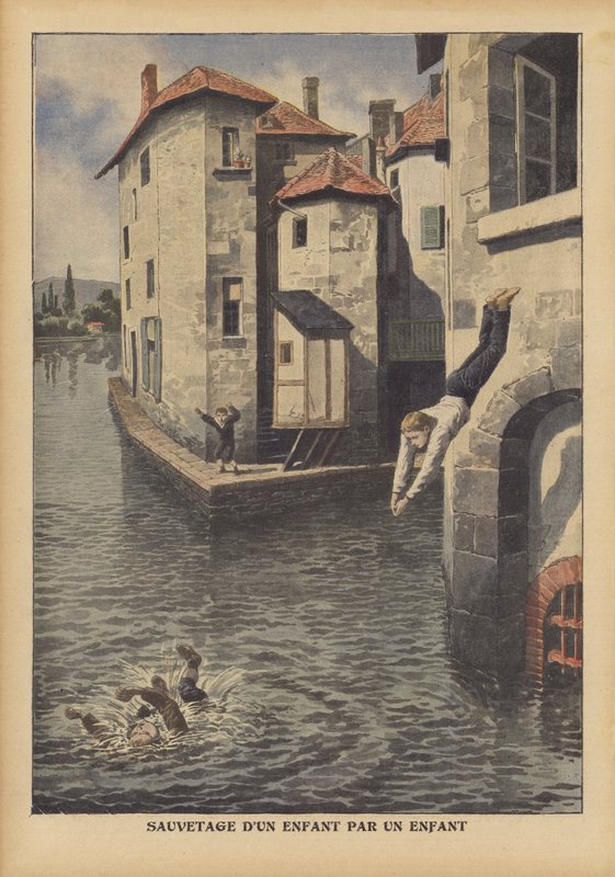Dítě zachraňující jiného před utopením v kanálu Givors ve Francii (barva litho) od French School