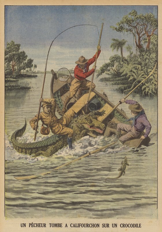 Rybář padající obkročmo na krokodýla poté, co se mu převrátil člun (barva litho) od French School