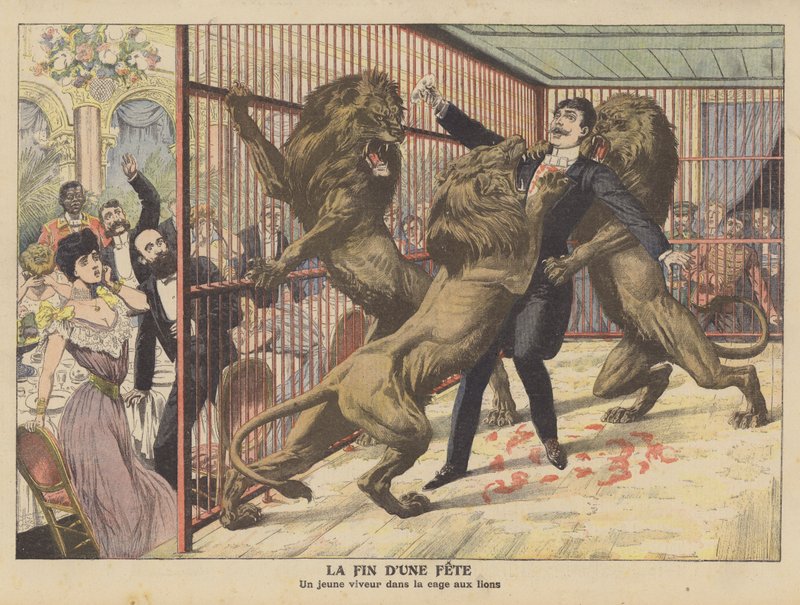 Pošetilý mladík napadený lvy poté, co vstoupil do jejich klece (barva litho) od French School