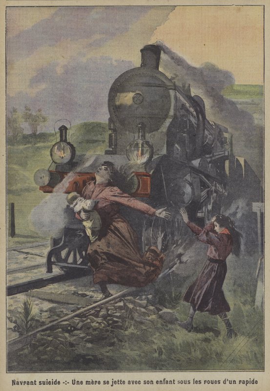 Srdcervoucí sebevražda: matka vrhající sebe a své dítě pod kola rychlovlaku (barva litho) od French School