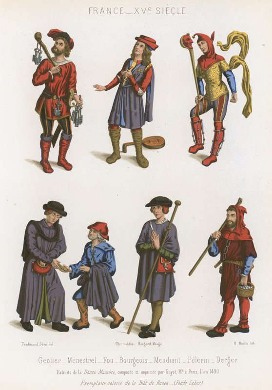 Žalářník, minstrel, blázen, buržoazie, žebrák, poutník a pastýř od French School