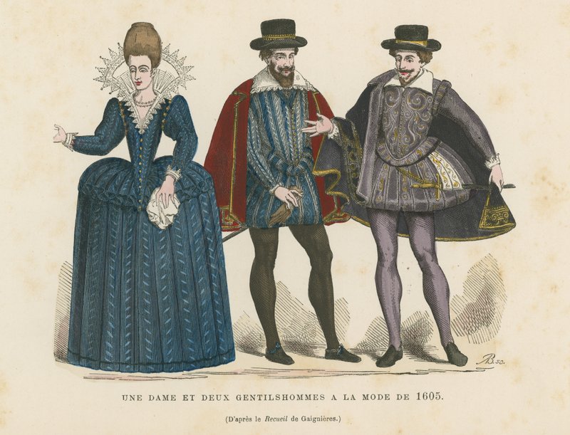 Dáma a dva pánové v módě z roku 1605 od French School