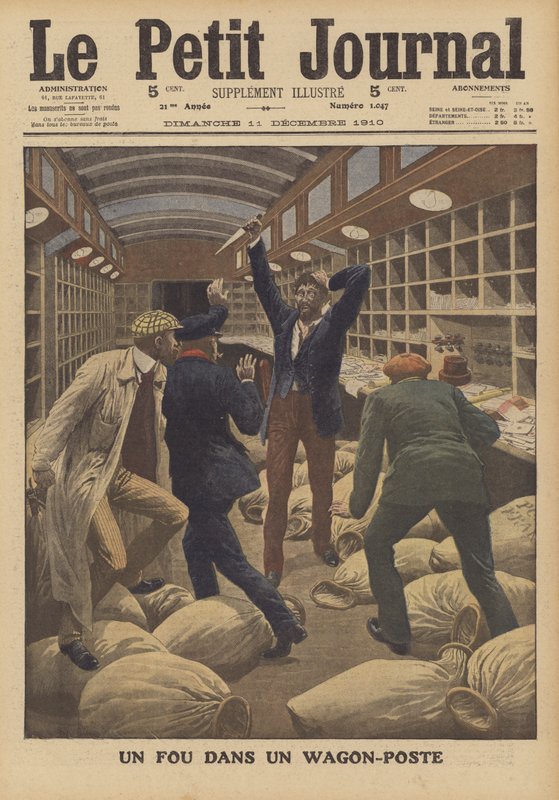 Šílenec v poštovním vagónu ve vlaku přijíždějícím do Paříže (barva litho) od French School