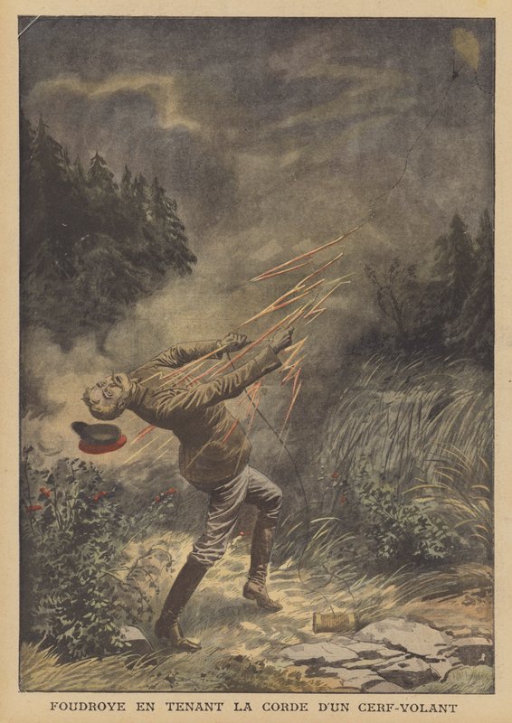 Muž zabitý bleskem při pouštění draka (barva litho) od French School