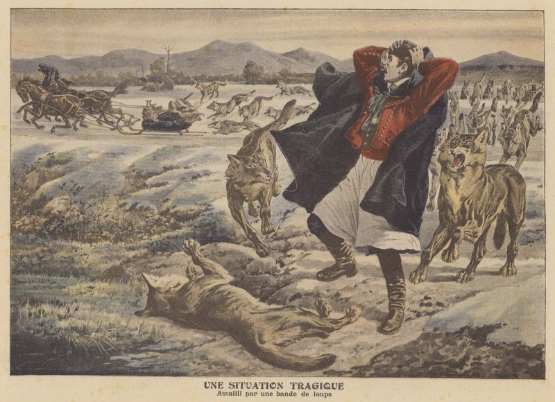 Kupec napadený smečkou vlků v Transylvánii (barevná litografie) od French School
