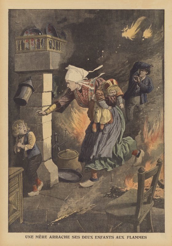 Matka zachraňující své děti před ohněm (barva litho) od French School