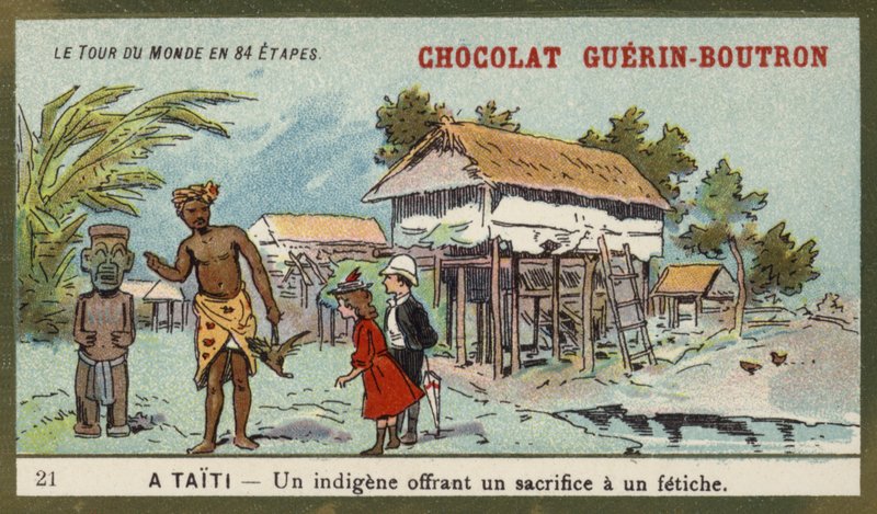 Domorodec nabízí oběť modle, Tahiti (chromolitho) od French School