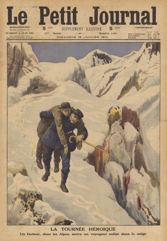 Pošťák zachraňující cestovatele ztraceného ve sněhu v Alpách (barva litho) od French School