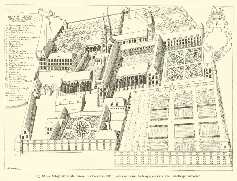 Opatství Saint-Germain des Pres kolem roku 1630, z tehdejší kresby, uchovávané v Národní knihovně od French School