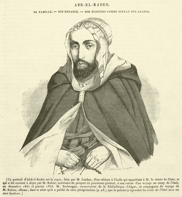 Abd-el-Kader, jeho rodina, dětství, zvolení arabským sultánem (rytina) od French School