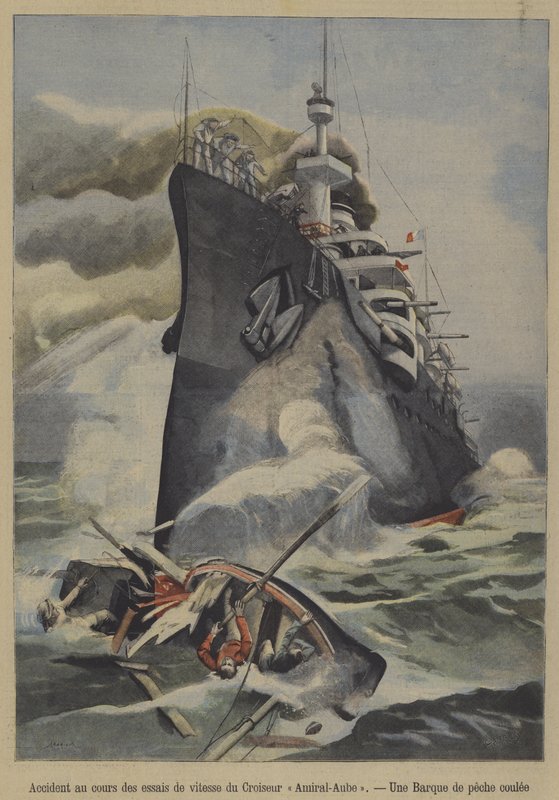 Náhodné potopení rybářského člunu francouzským obrněným křižníkem Admiral Aube během rychlostních zkoušek (barva litho) od French School