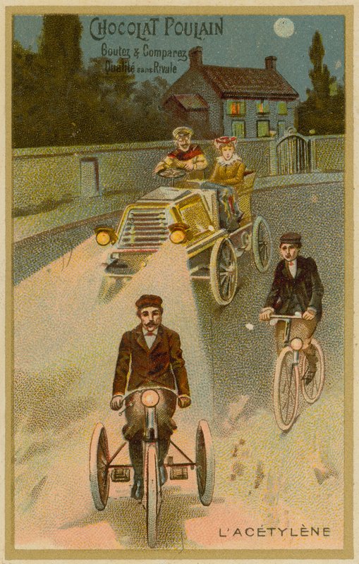 Acetylenové světlomety na motorovém autě a motocyklu od French School