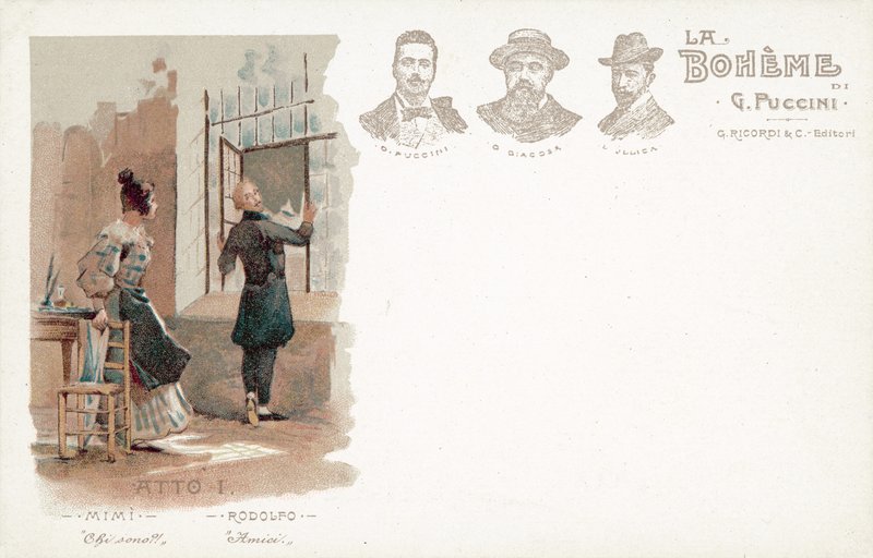 První dějství, La Boheme (barevné lito) od French School