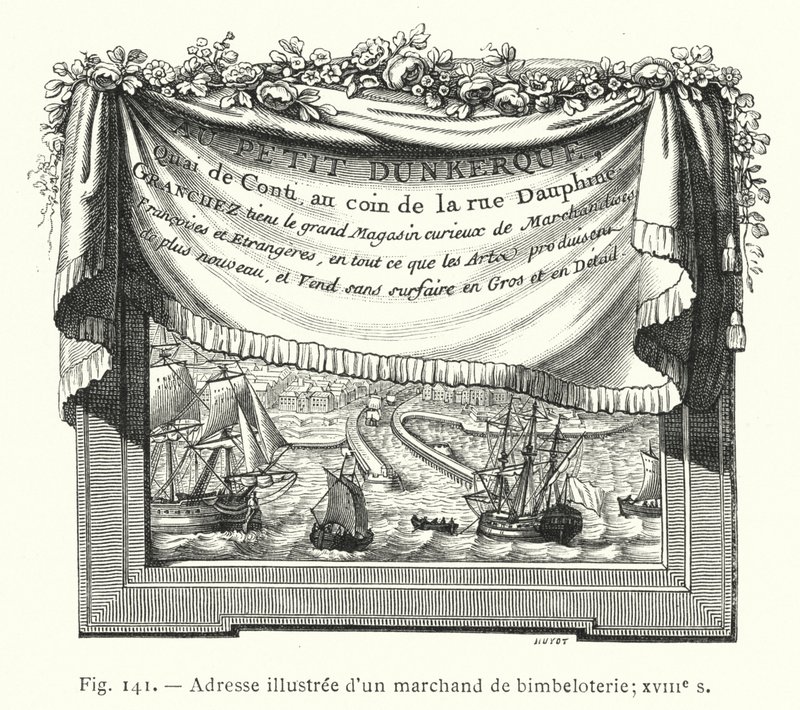 Ilustrovaná adresa obchodníka s drobnými předměty; 18. století (rytina) od French School