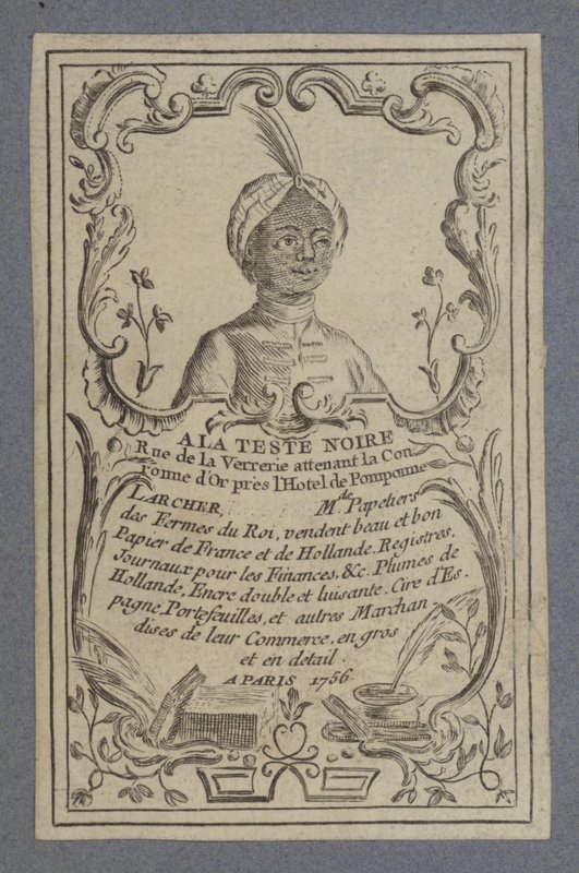 Reklama na papírnictví A la Teste Noire, Paříž, 1756 od French School