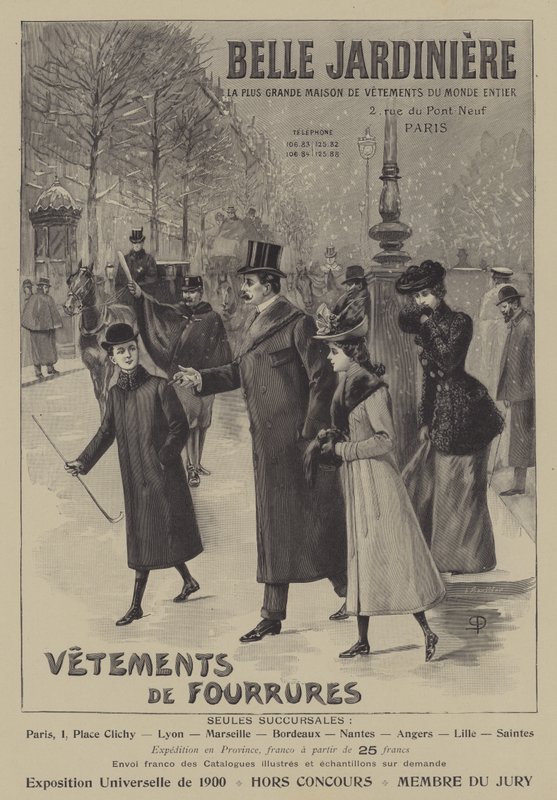 Reklamy na kožešinové oděvy z Belle Jardiniere, Paříž (litho) od French School