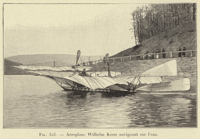 Letadlo Wilhelm Kress plující na vodě (rytina) od French School