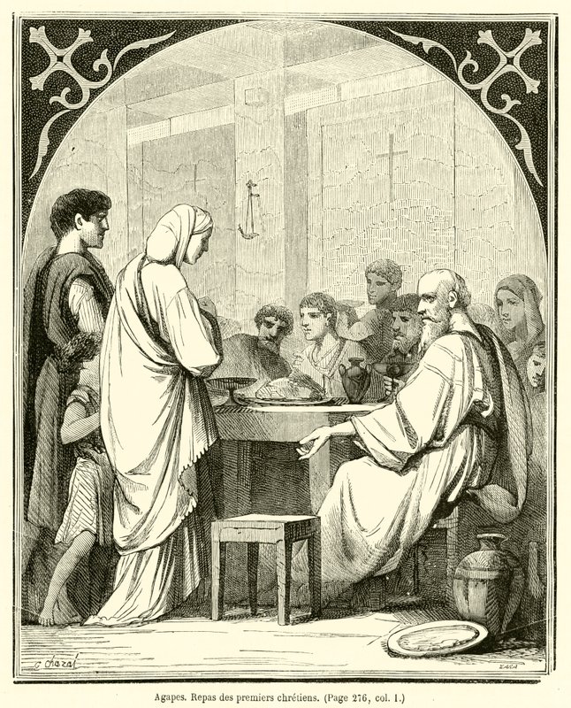 Agapes, jídlo prvních křesťanů (rytina) od French School