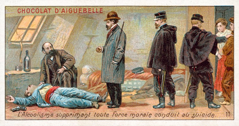 Alkoholismus potlačuje veškerou morální sílu a vede k sebevraždě (chromolit) od French School