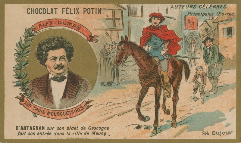 Alexandre Dumas a scéna ze Tří mušketýrů od French School