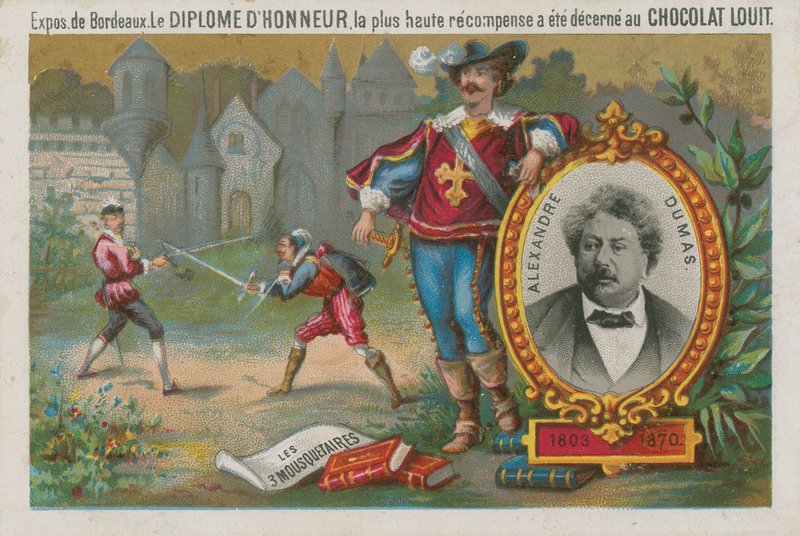 Alexandre Dumas a scéna ze Tří mušketýrů od French School