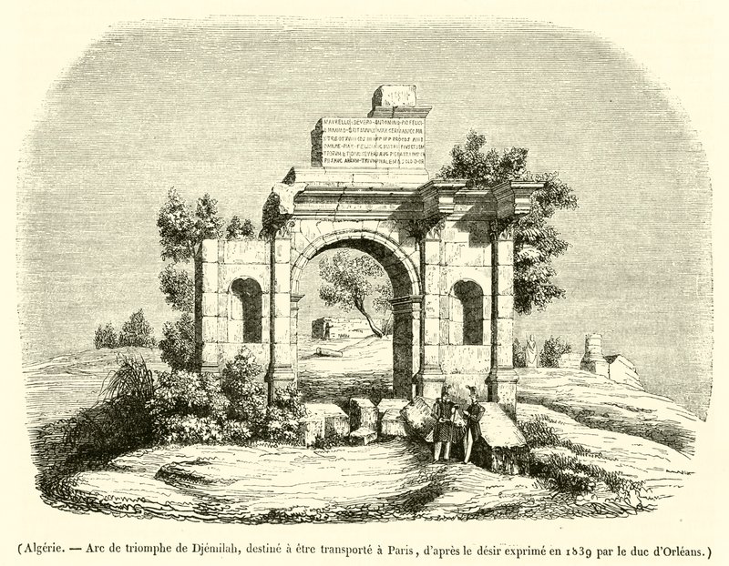 Alžírsko, Vítězný oblouk v Džemilu, určený k převozu do Paříže (rytina) od French School