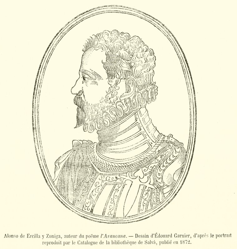 Alonso de Ercilla y Zuniga, autor básně Araucana (rytina) od French School