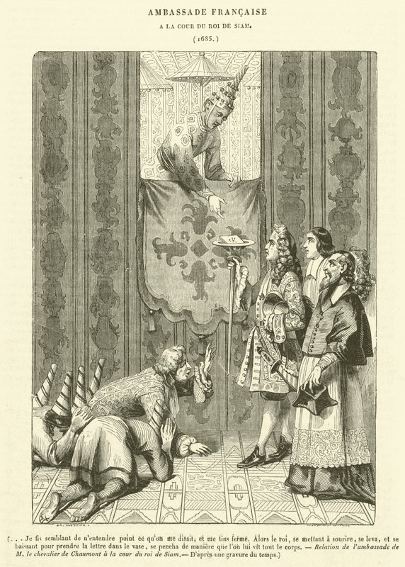 Francouzské velvyslanectví, ​​u dvora krále Siamu (rytina) od French School