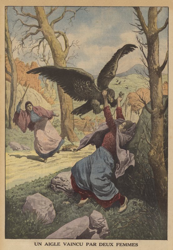 Orel poražený dvěma ženami (barva litho) od French School
