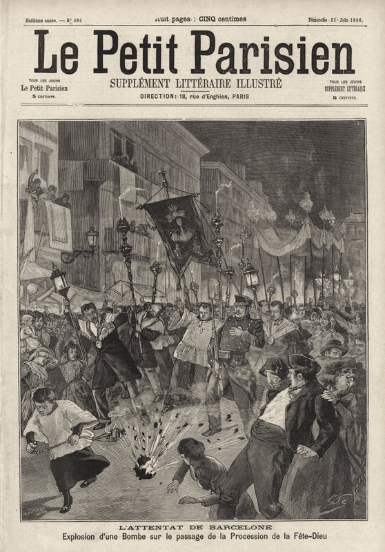 Anarchistický bombový útok na procesí Corpus Christi opouštějící kostel Santa Maria, Barcelona, Španělsko od French School