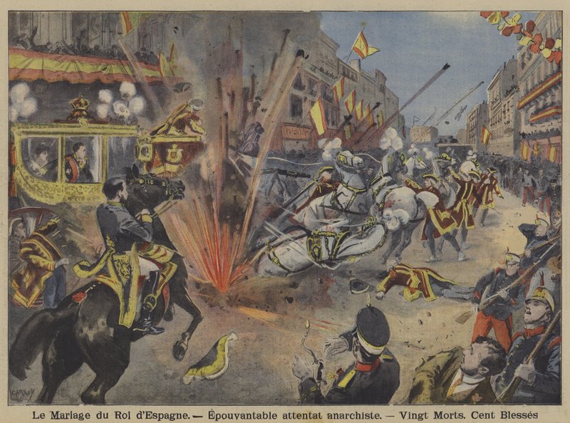 Anarchistický pumový útok na svatební průvod krále Alfonse XIII a královny Viktorie Eugenie z Battenbergu v Madridu od French School