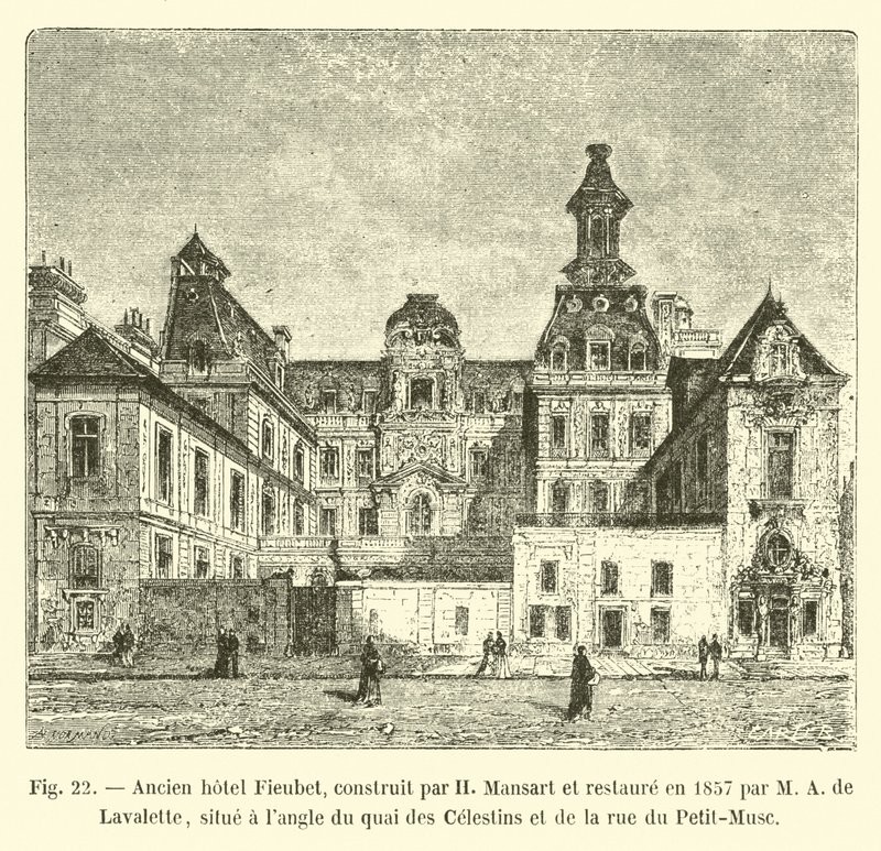 Bývalý hotel Fieubet, postavený H Mansartem a obnovený v roce 1857 M A de Lavalette, se nachází na rohu Quai des Celestins a Rue du Petit-Musc od French School