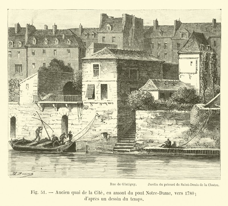 Bývalé nábřeží de la Cite, proti proudu od mostu Notre-Dame, kolem roku 1780; z dobové kresby od French School
